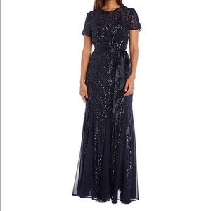 Plus Size Sequined Navy Blue Godet Gown.